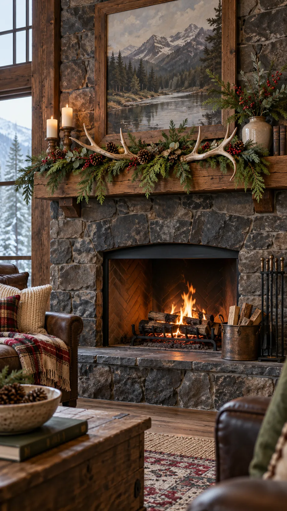 Antler and Spruce Arrangement rustic Christmas fireplace decor