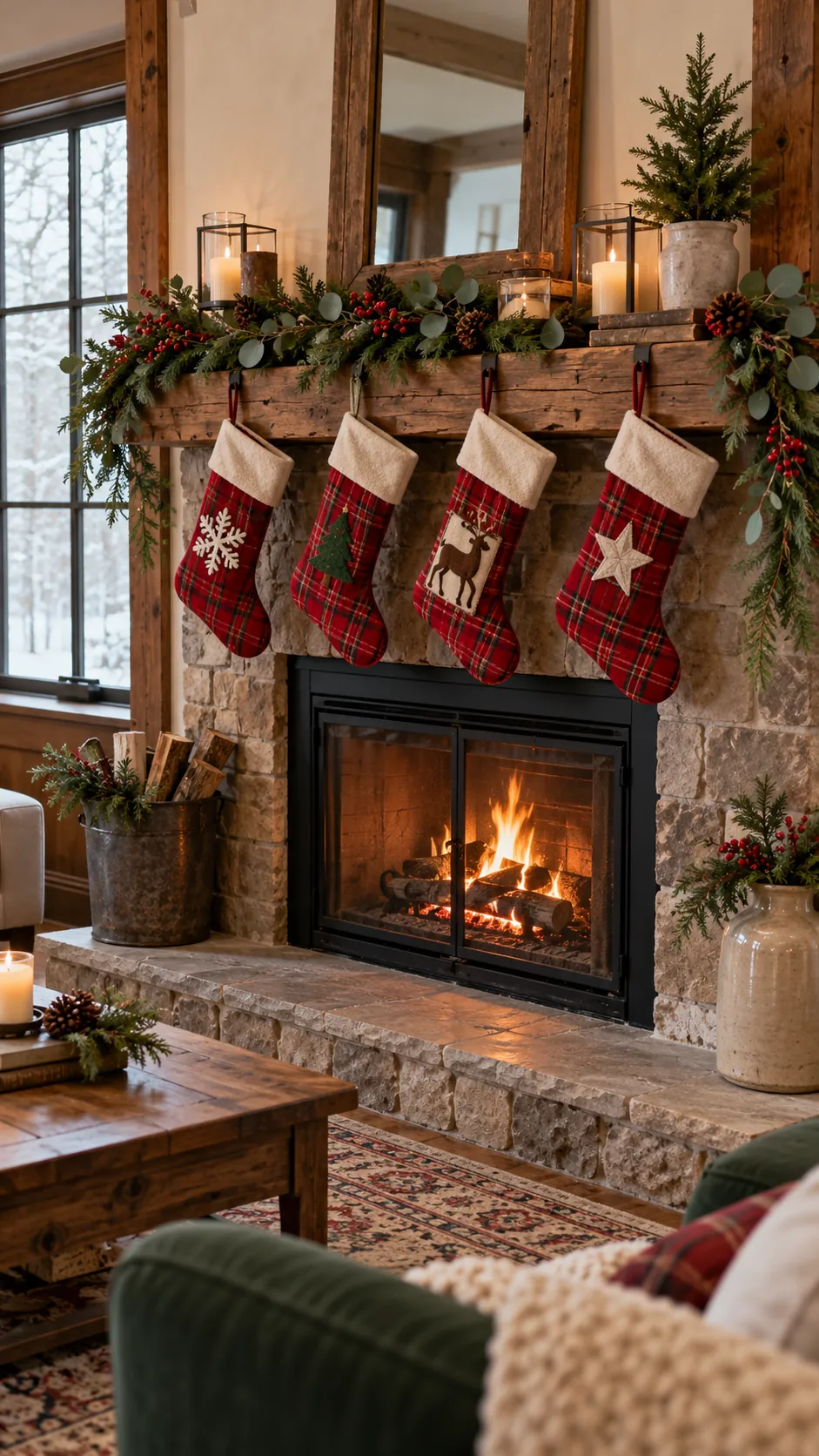 Red Plaid Stocking Row rustic Christmas fireplace decor