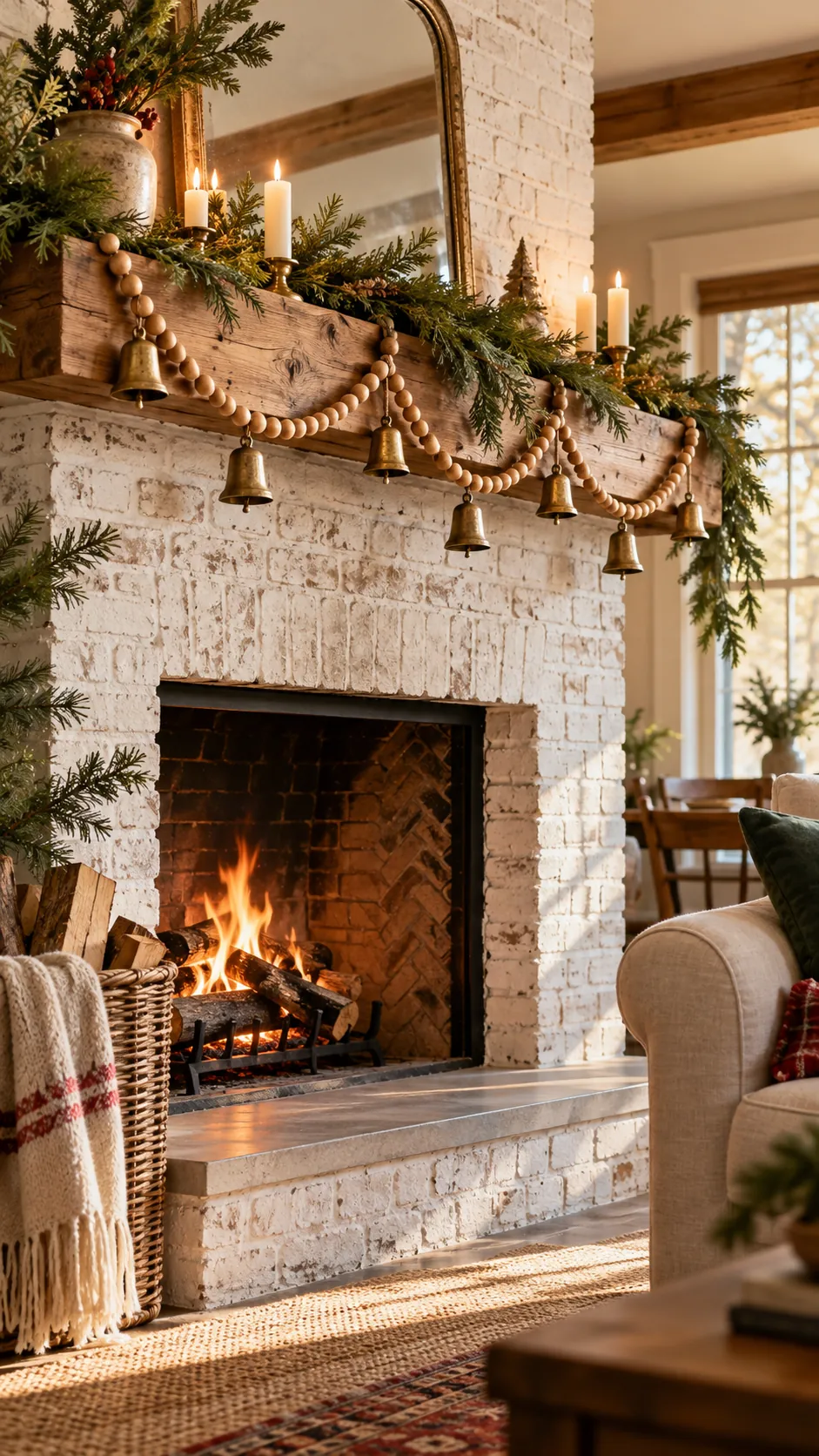 Wooden Bead and Bell Strand rustic Christmas fireplace decor