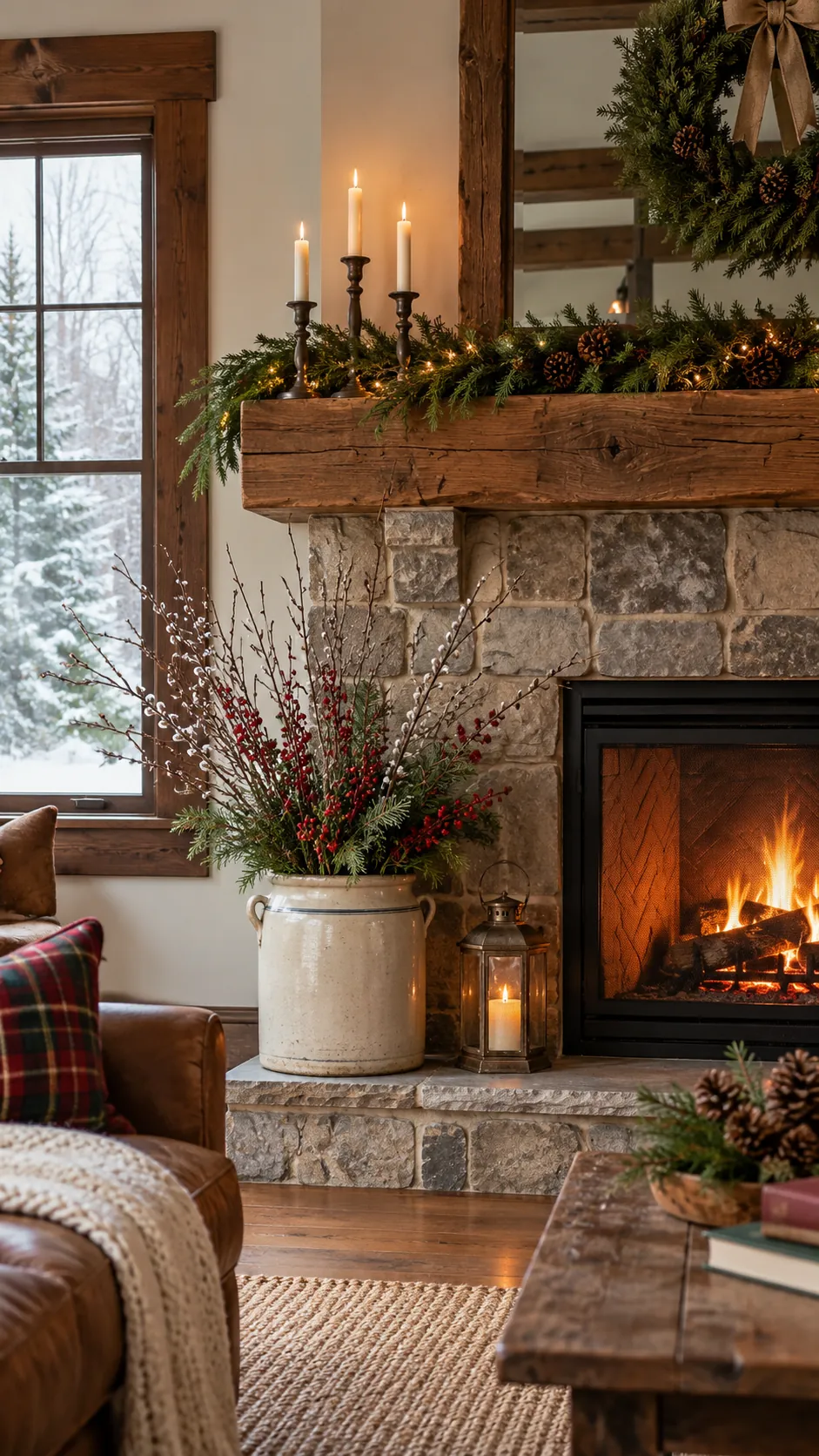 Crock Filled With Winter Branches rustic Christmas fireplace decor