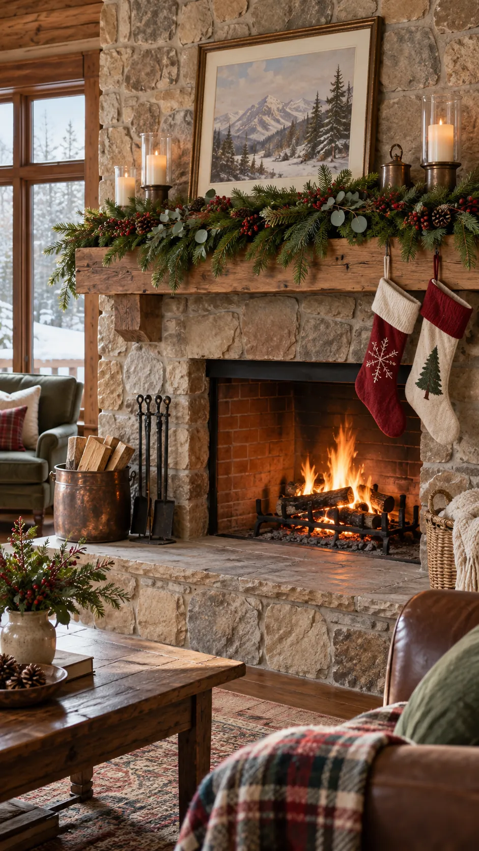 Simple Fir Over Brick rustic Christmas fireplace decor