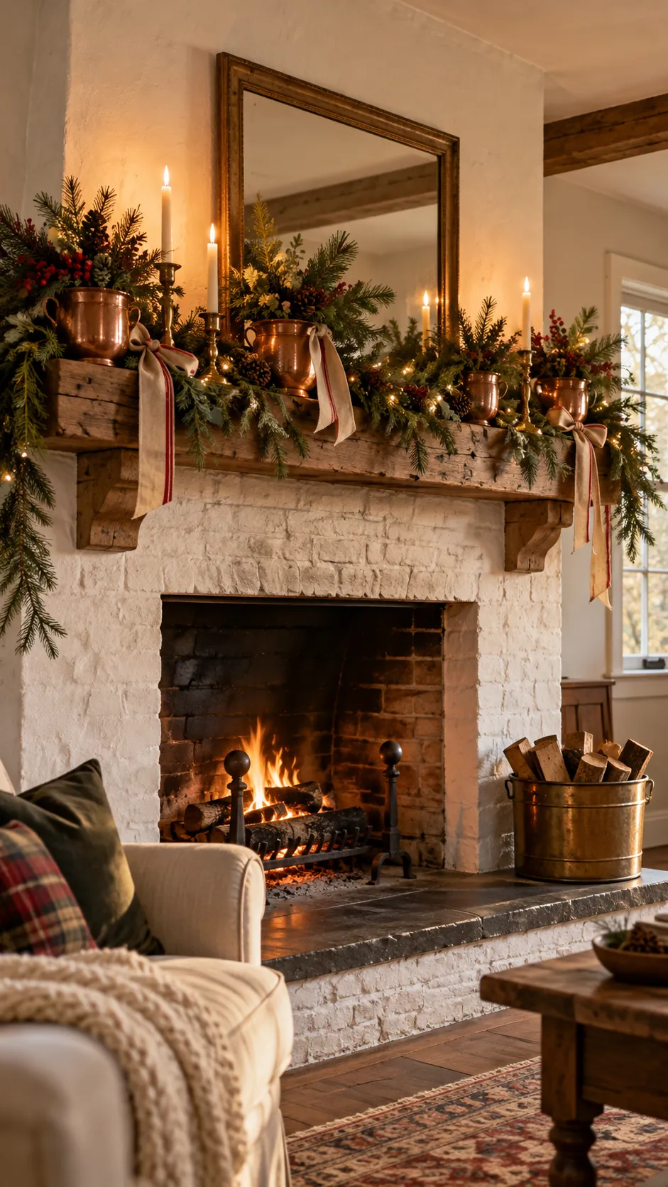Copper Pot Pine Display rustic Christmas fireplace decor
