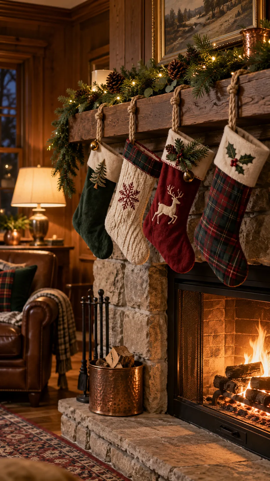 Rope Hung Stockings rustic Christmas fireplace decor