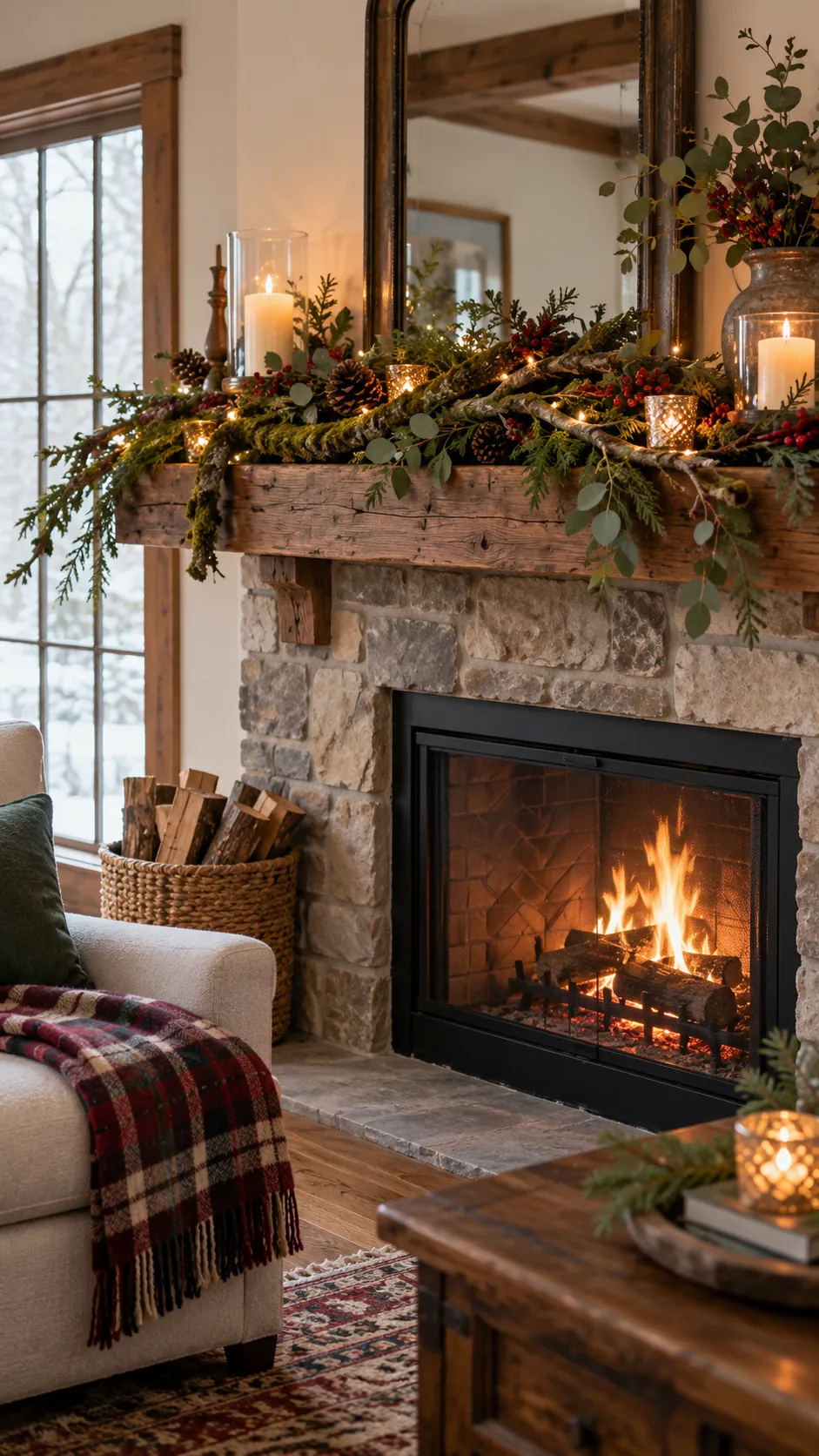Mossy Branch Centerpiece rustic Christmas fireplace decor
