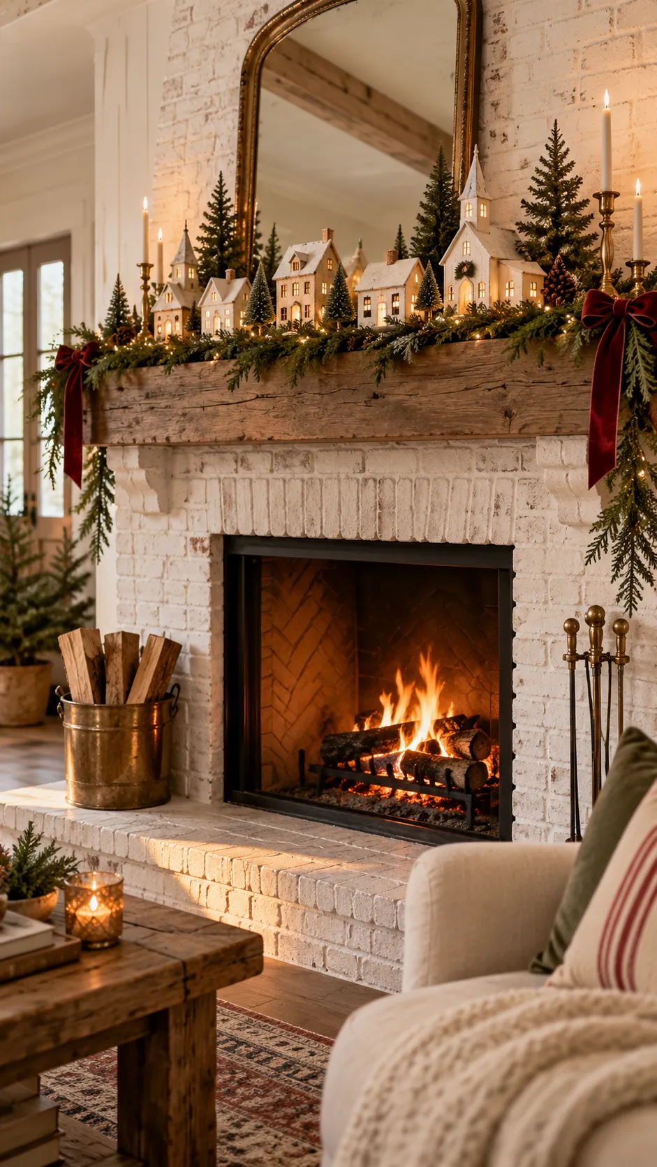 Neutral Farmhouse Village rustic Christmas fireplace decor