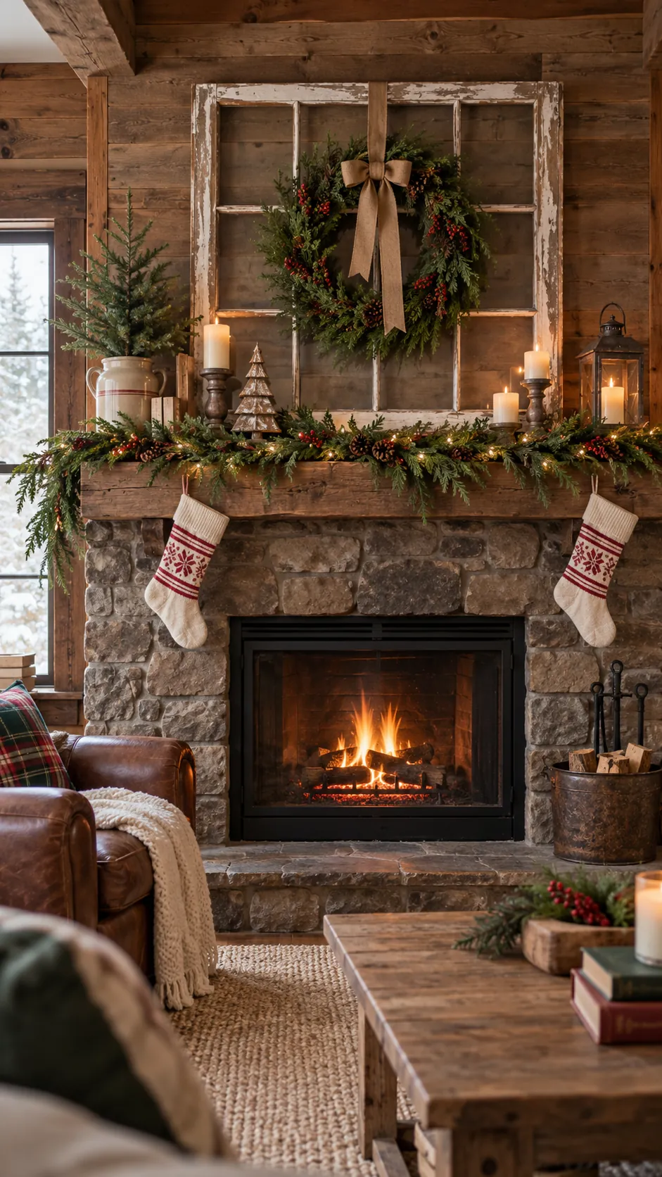 Weathered Window Frame Backdrop rustic Christmas fireplace decor