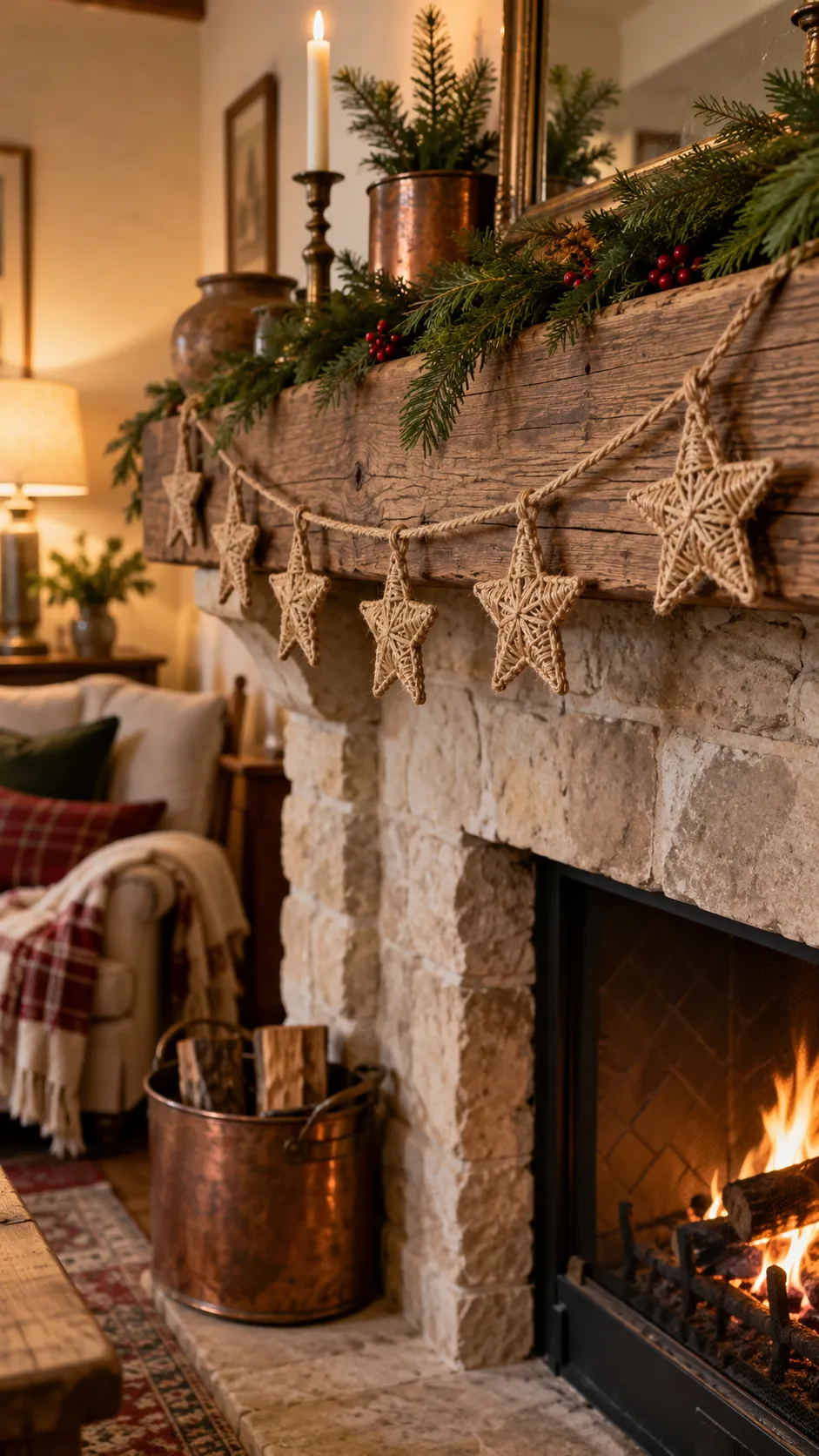 Jute Star Garland rustic Christmas fireplace decor