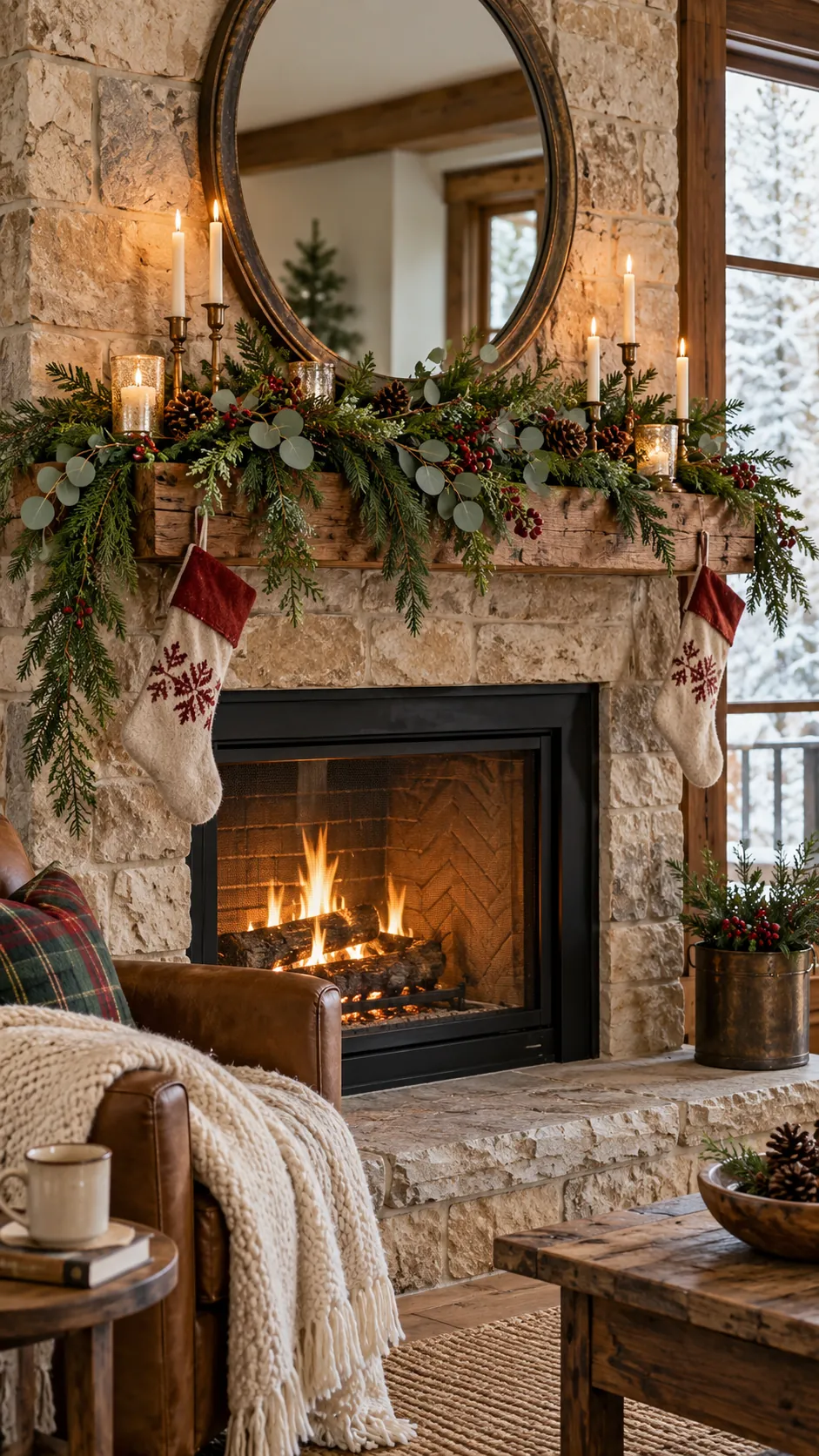 Evergreen and Eucalyptus Mix rustic Christmas fireplace decor