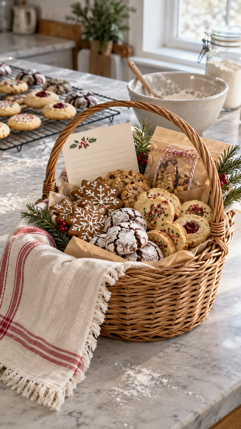 Homemade Christmas cookie basket with assorted cookies, recipe card, and tea towel