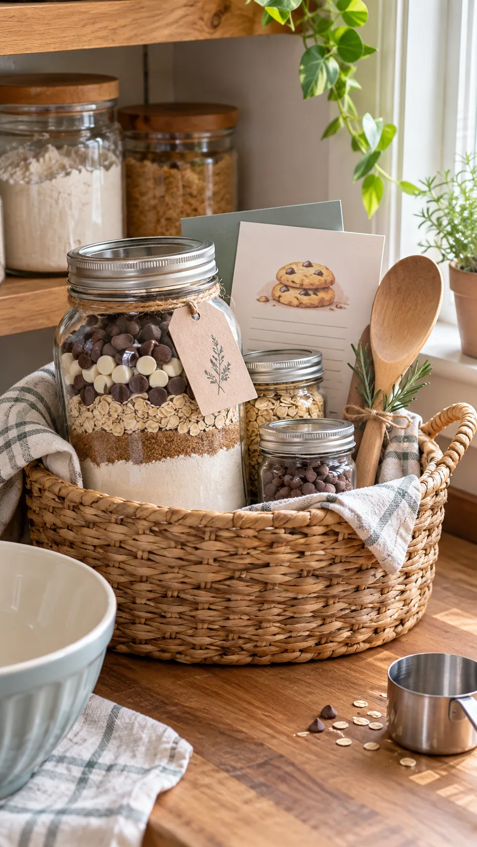 Homemade cookie mix jar basket with measured ingredients, wooden spoon, and instructions