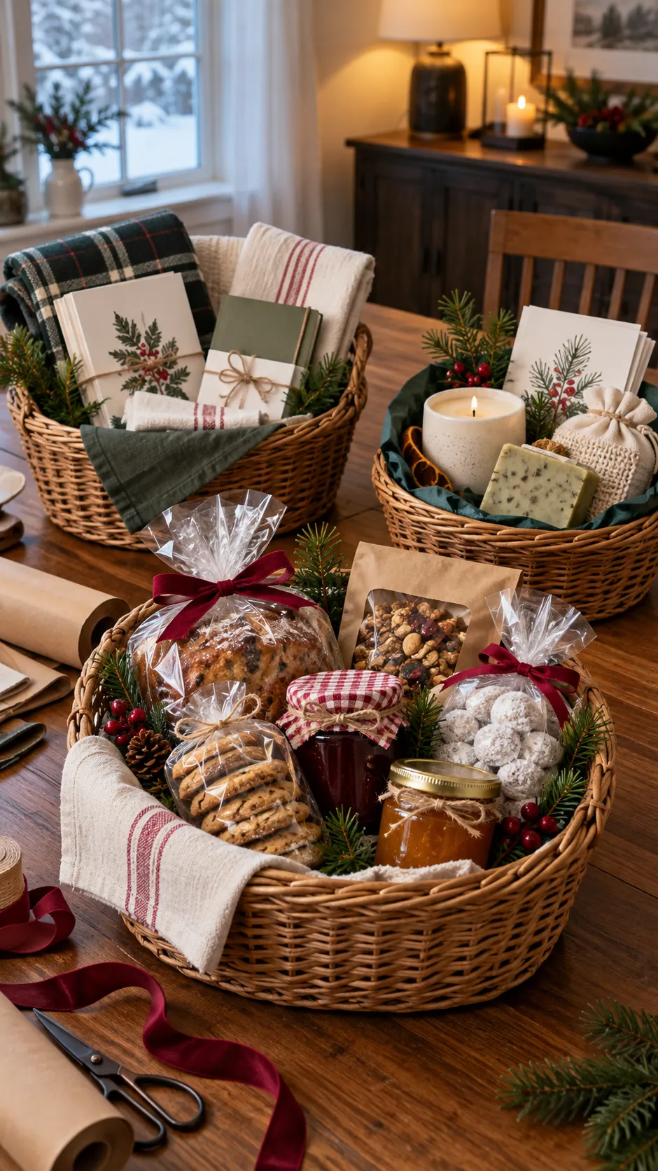 Homemade Christmas gift baskets with baked goods, crafts, and reusable containers
