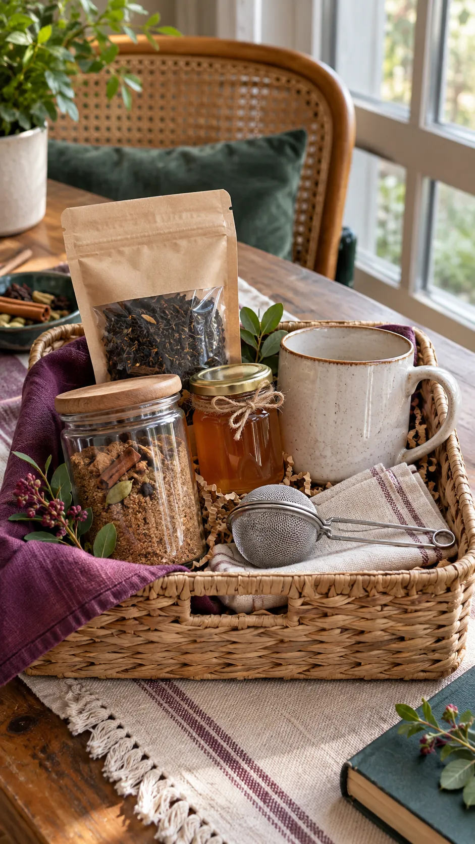 Homemade chai gift basket with spice blend, black tea, honey, strainer, and mug