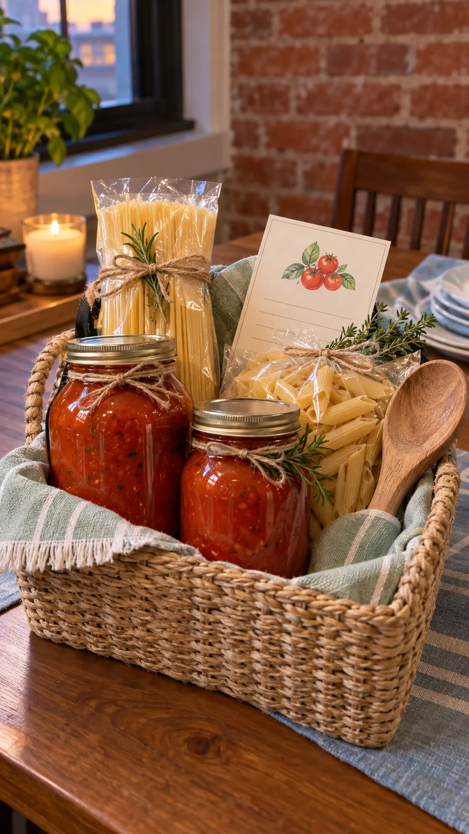 Homemade pasta sauce gift basket with safely stored sauce, pasta, spoon, and menu card