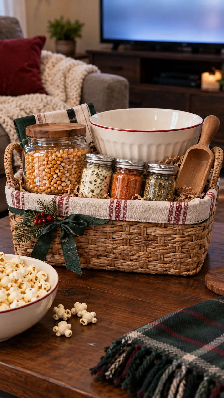Homemade popcorn seasoning basket with kernels, three spice blends, bowl, and scoop