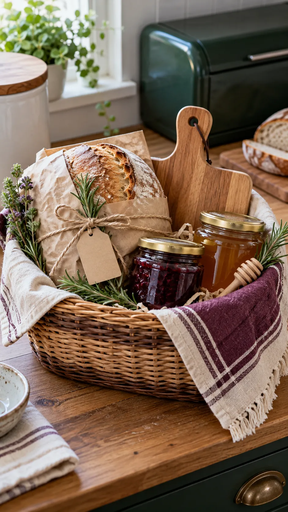 Homemade bread breakfast basket with wrapped loaf, jam, honey, board, and towel
