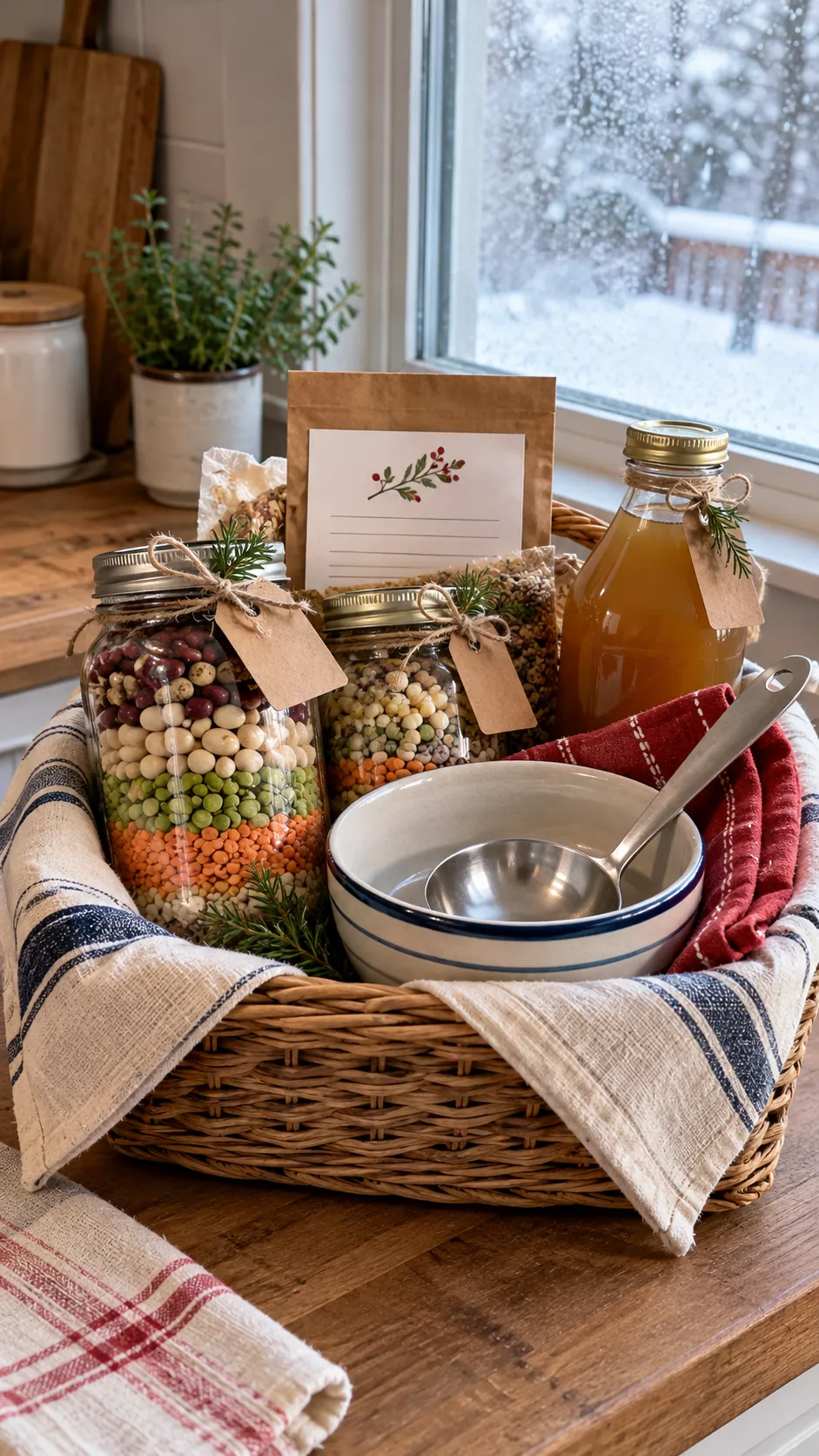 Homemade layered soup mix basket with dried beans, broth, bowl, ladle, and instructions
