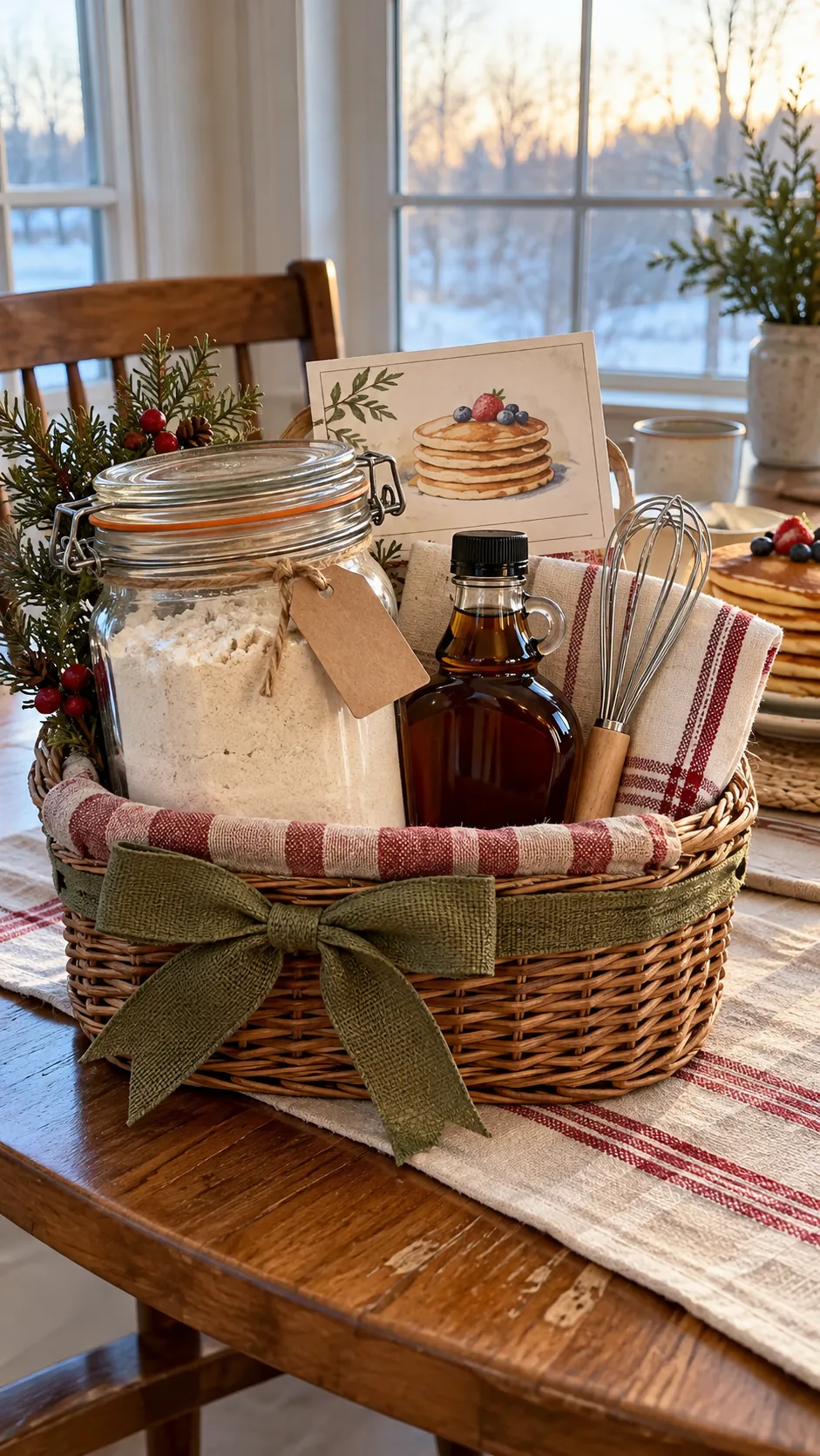 Homemade pancake mix basket with measured mix, syrup, whisk, towel, and recipe