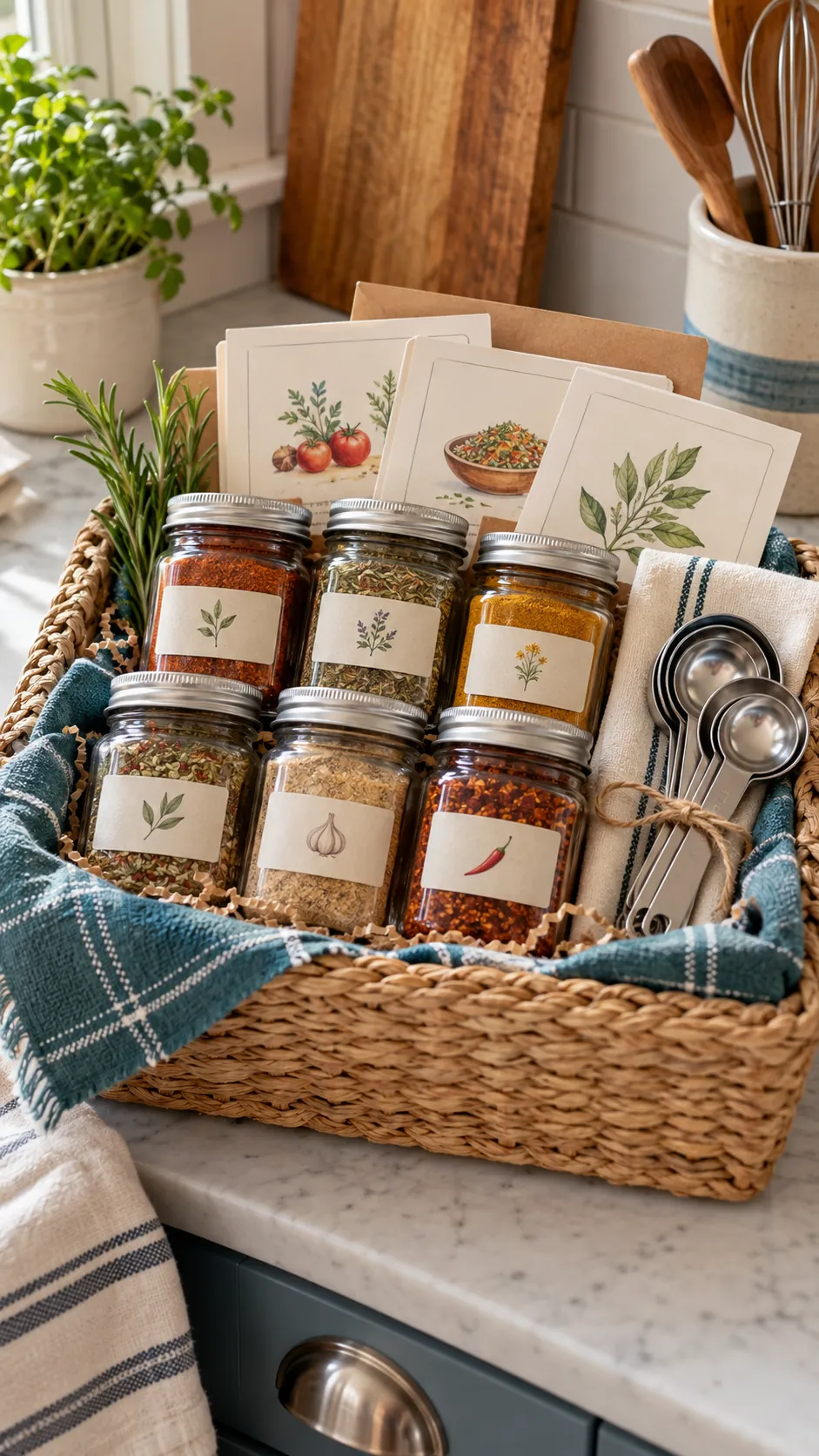 Homemade spice blend gift basket with labeled jars, measuring spoons, and recipe cards