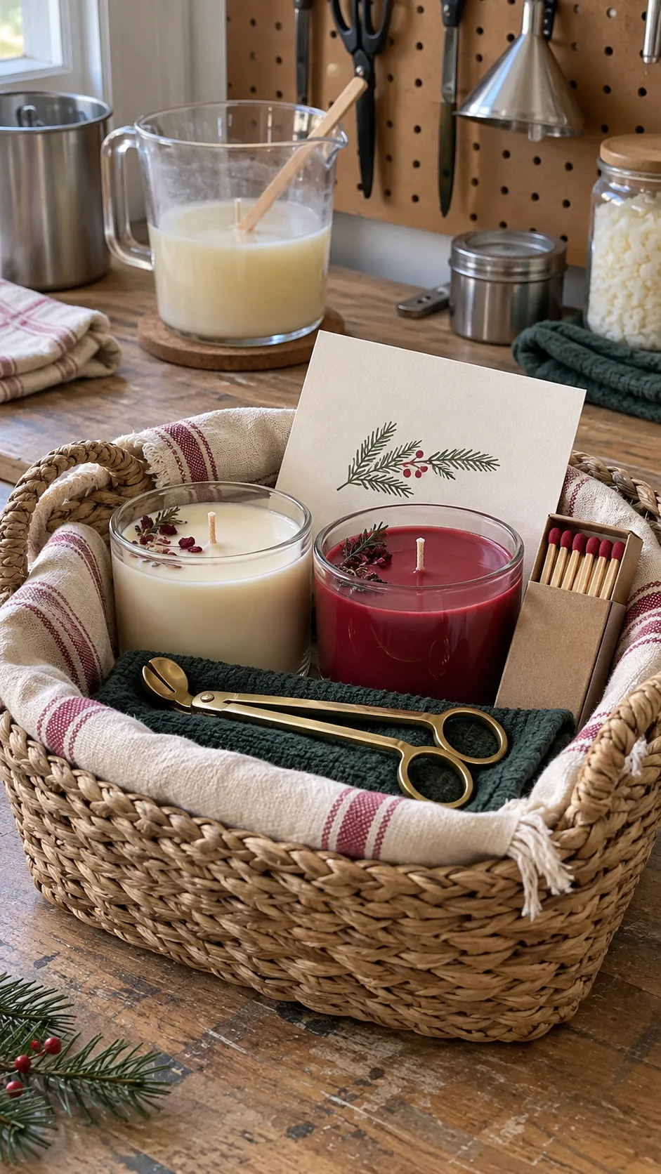 Hand poured candle basket with two tested candles, wick trimmer, matches, and care card