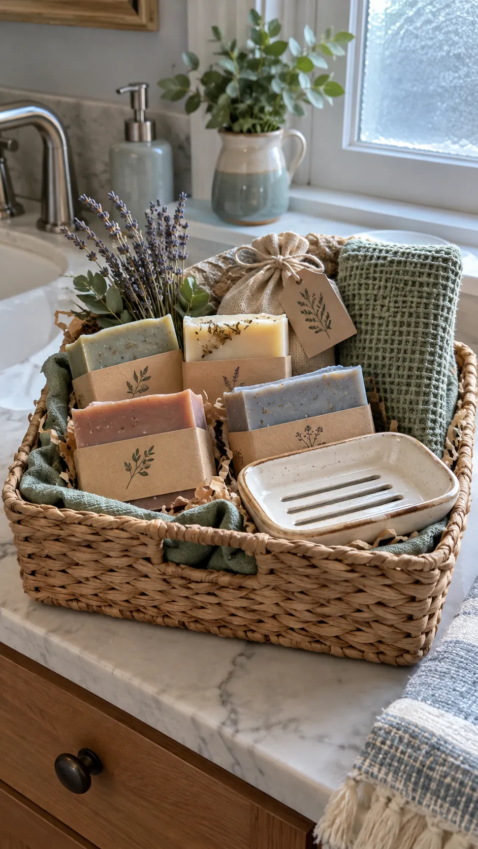 Homemade soap basket with cured bars, draining dish, washcloth, and ingredient labels