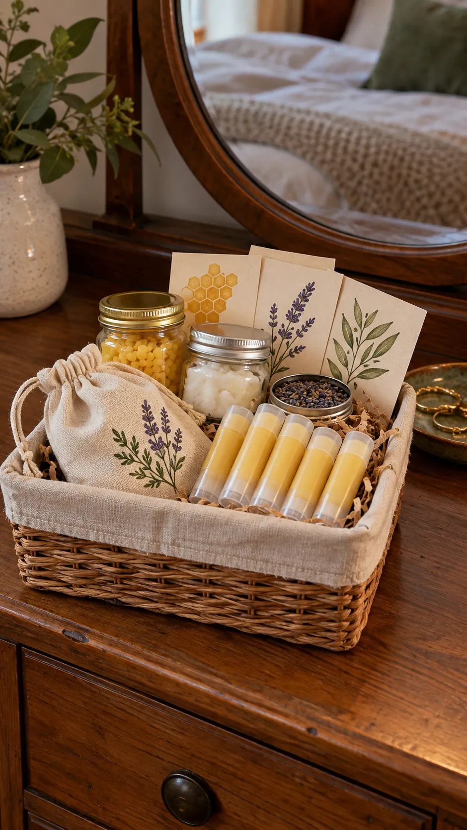 Homemade beeswax lip balm basket with sealed tubes, small pouch, and ingredient cards