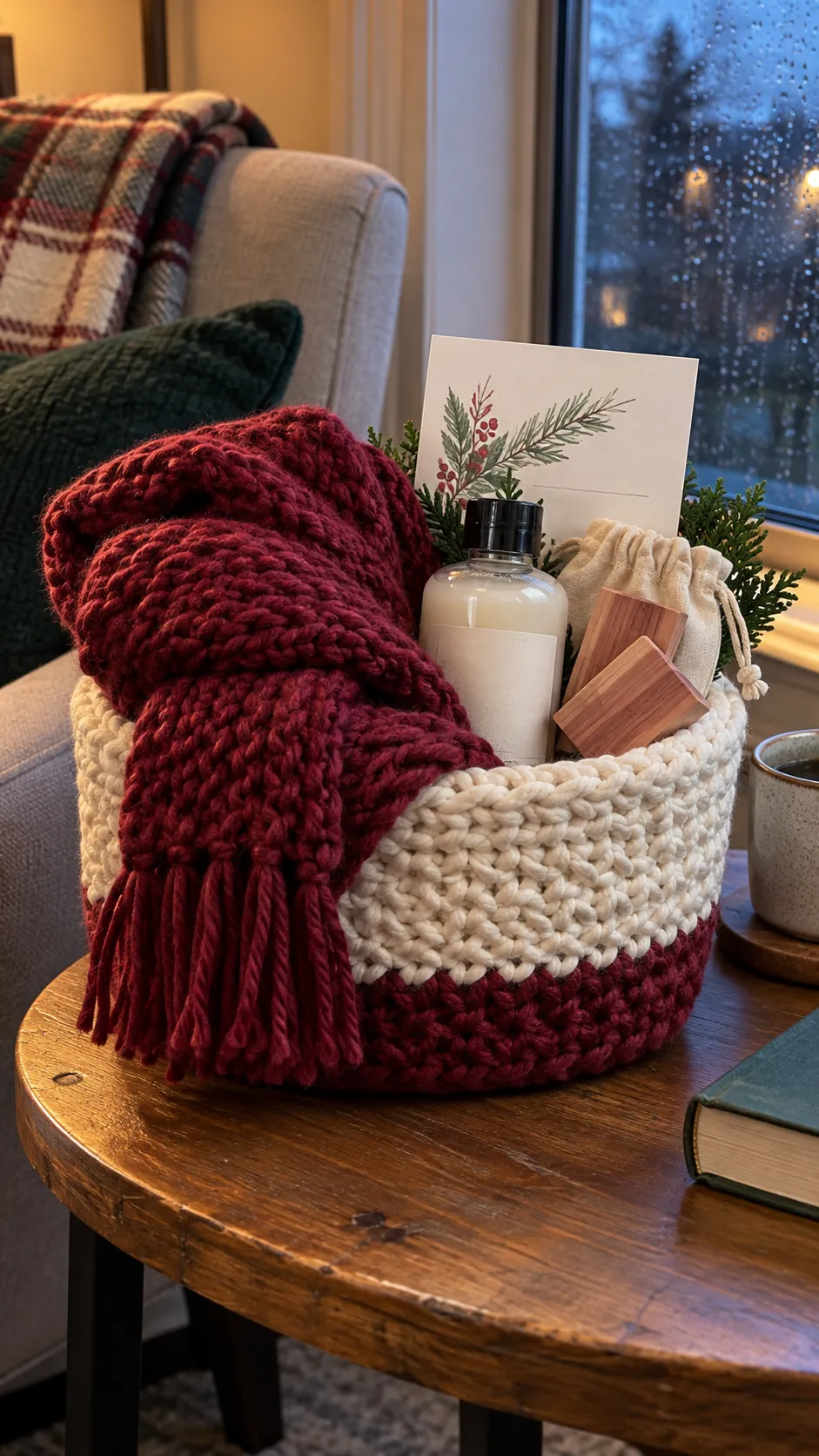 Hand knitted winter scarf basket with scarf, wool wash, cedar blocks, and care card