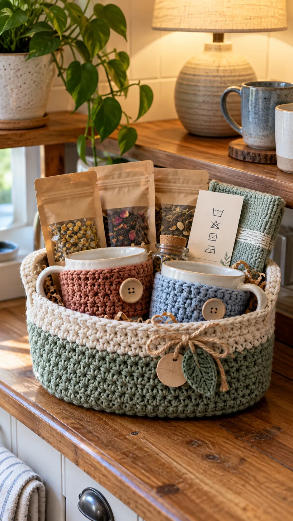 Handmade crochet mug cozy basket with mug cozies, cups, tea, and wash instructions