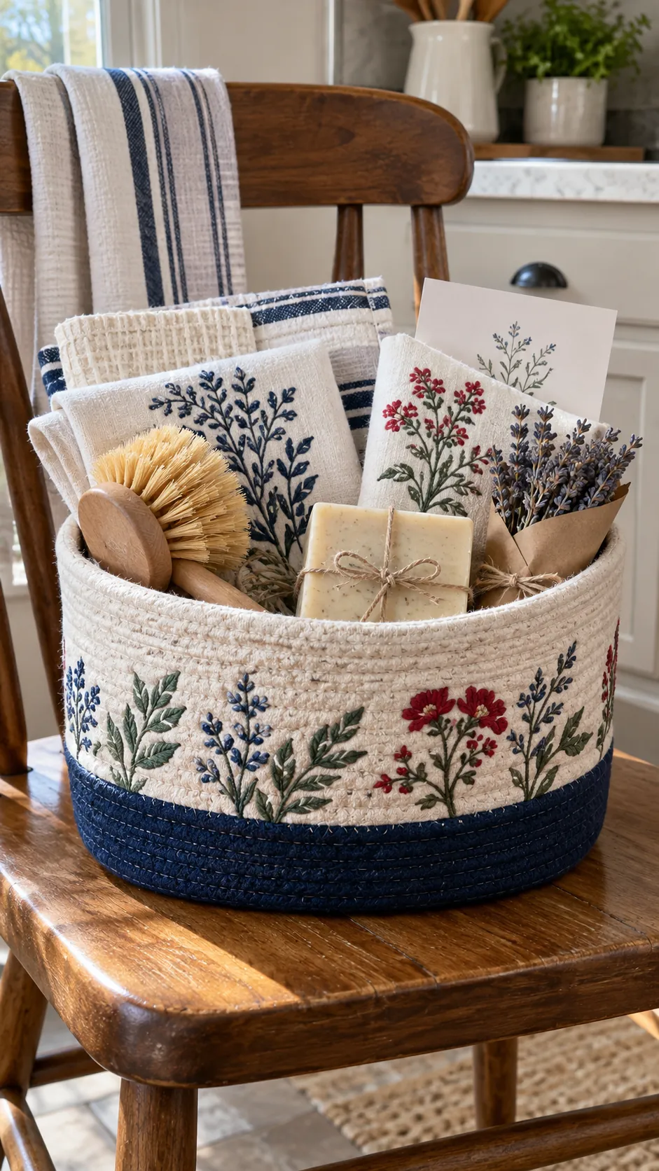 Hand embroidered towel basket with botanical towels, soap, brush, and care card