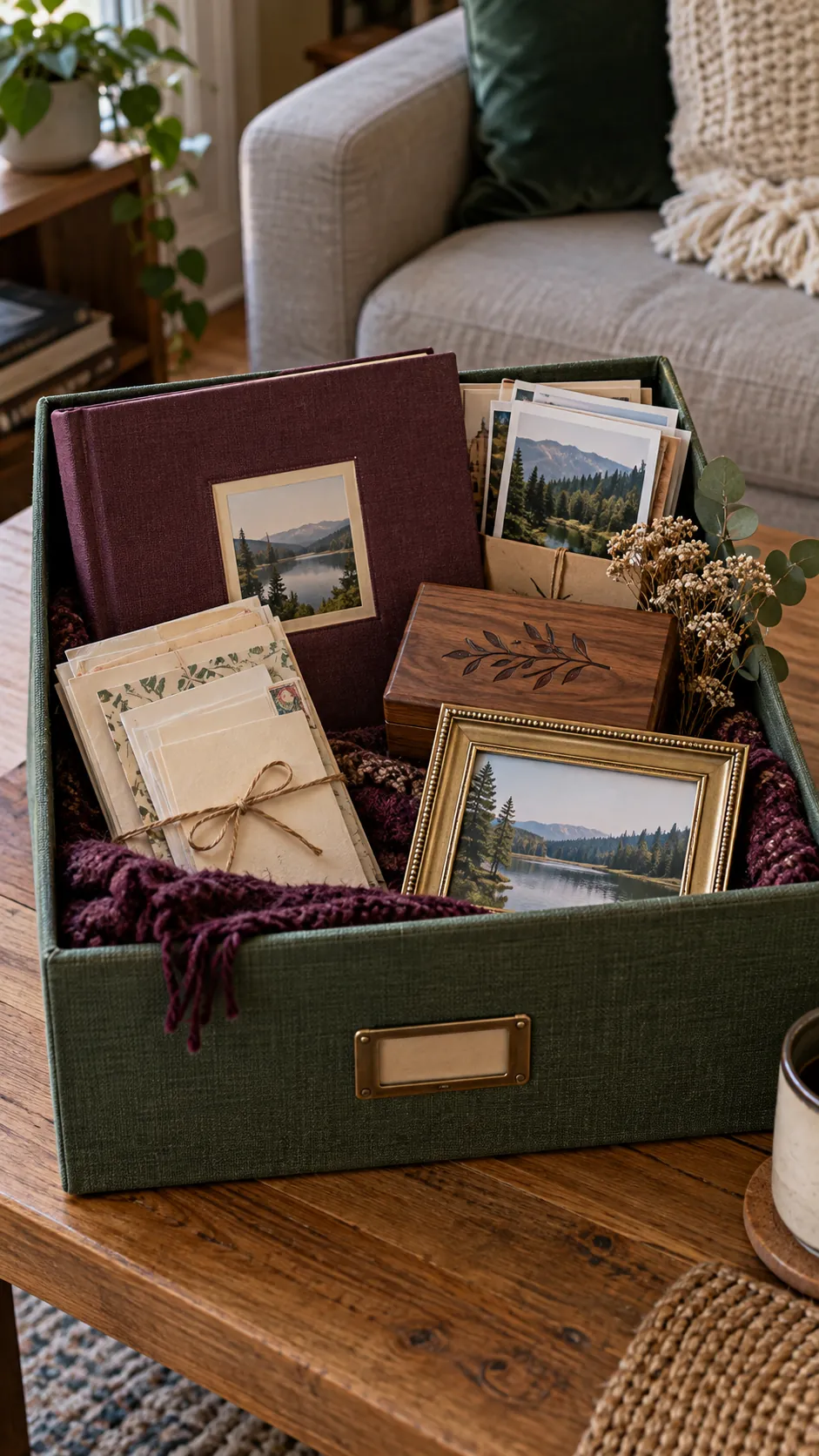 Homemade family memory basket with printed photos, album, letters, frame, and keepsake box