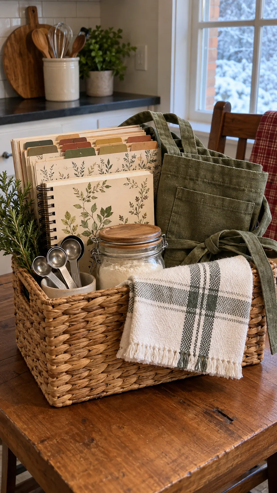 Handmade recipe book basket with family recipes, dividers, apron, measuring spoons, and towel