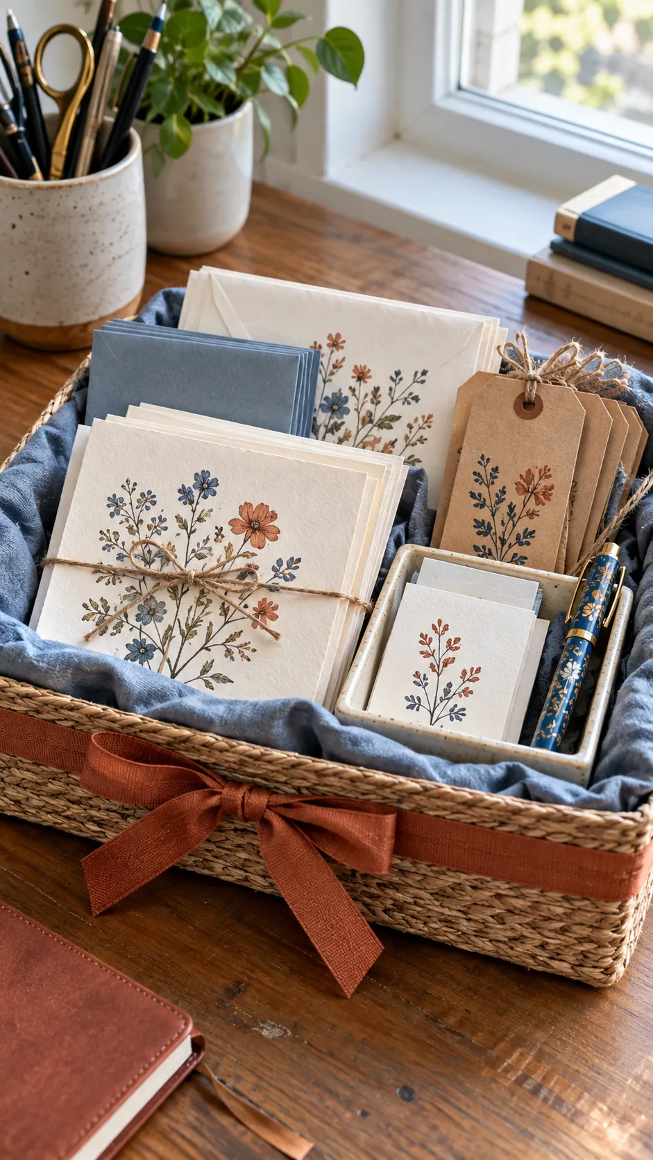 Handmade stationery gift basket with stamped cards, envelopes, tags, pen, and storage box
