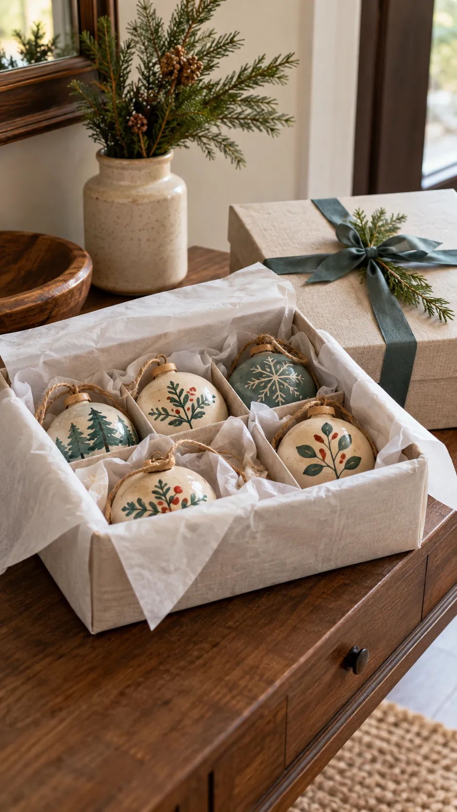 Handmade clay ornament basket with painted ornaments, ribbon, storage box, and care tissue
