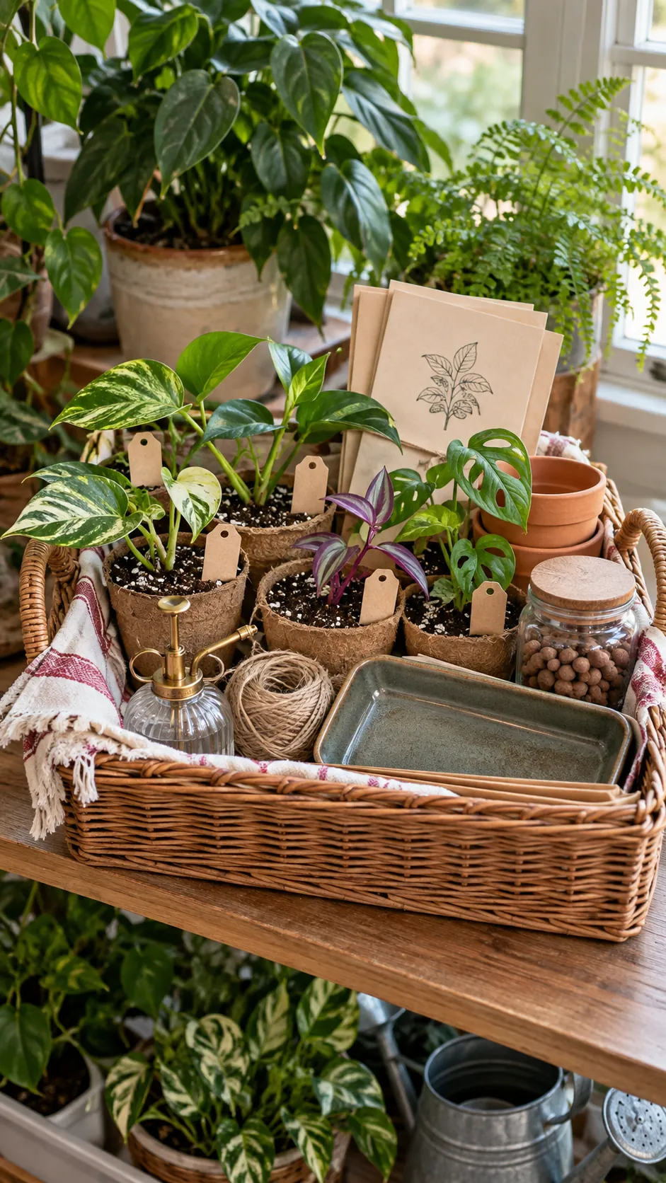 Homemade plant cutting basket with rooted cuttings, pots, labels, tray, and care cards