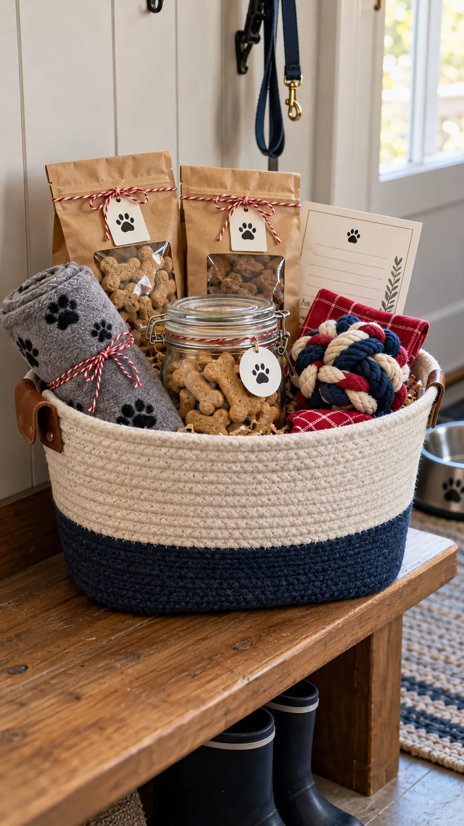 Homemade pet treat basket with labeled treats, jar, washable mat, toy, and recipe card