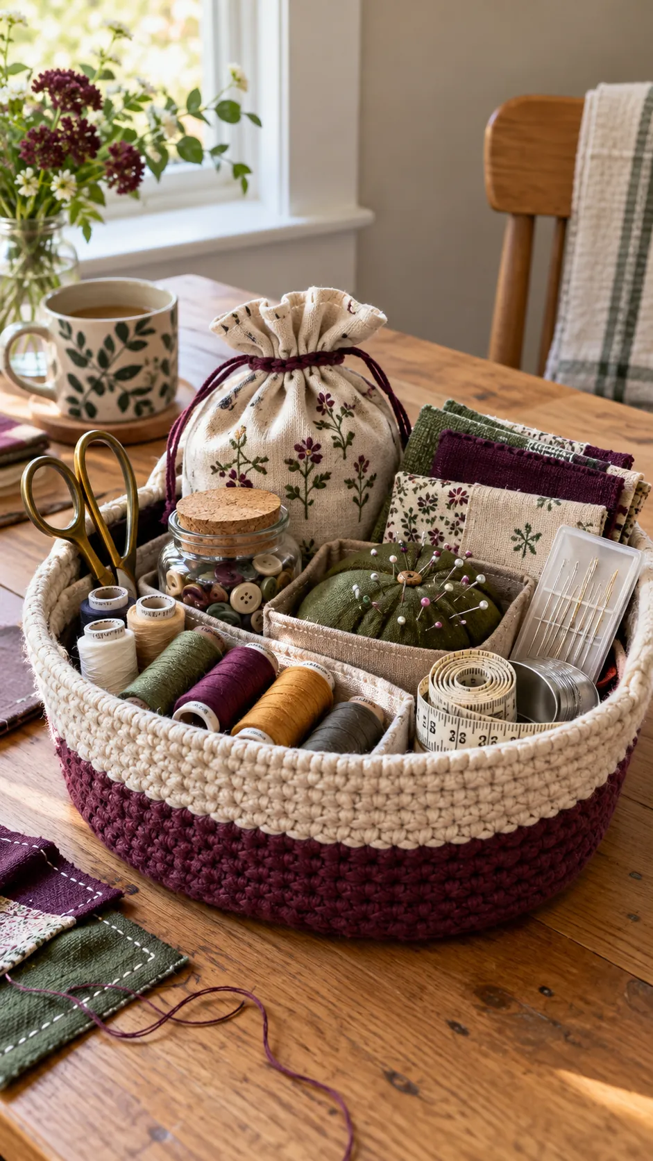 Hand assembled sewing repair basket with thread, needles, scissors, patches, tape, and handmade pouch