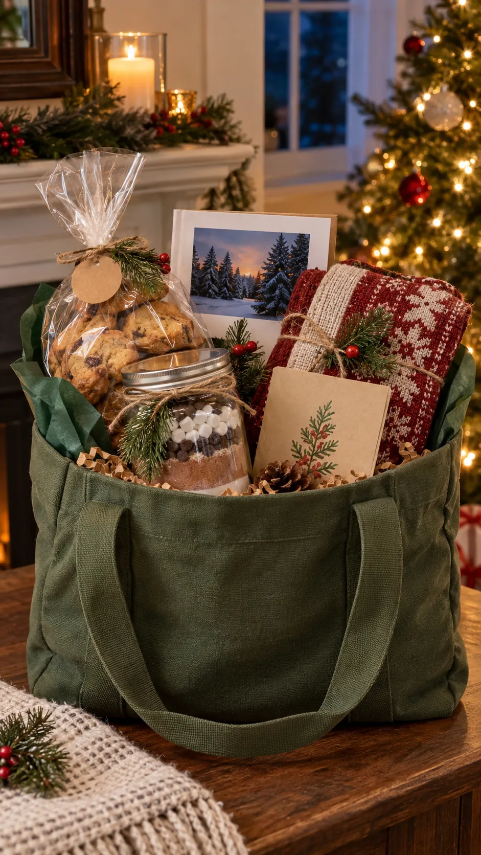 Personalized homemade Christmas basket with baked treat, sewn item, photo, note, and reusable tote