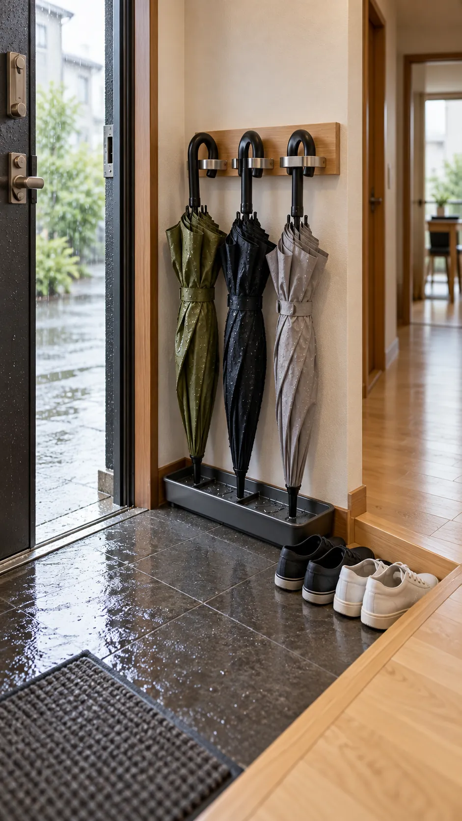 Give Umbrellas Air While They Dry in a small rainy day entryway