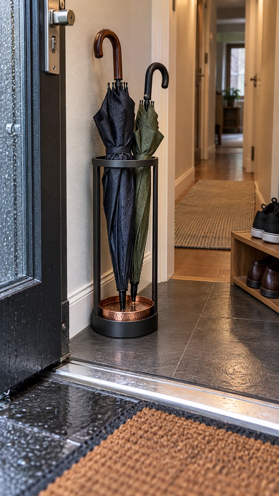 Use a Stand With a Removable Tray in a small rainy day entryway
