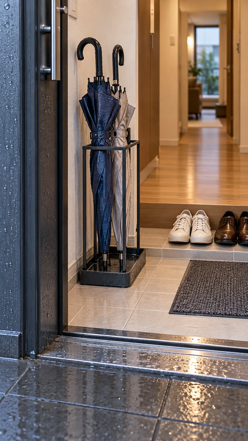 Wet umbrellas draining away from shoes in a small entryway