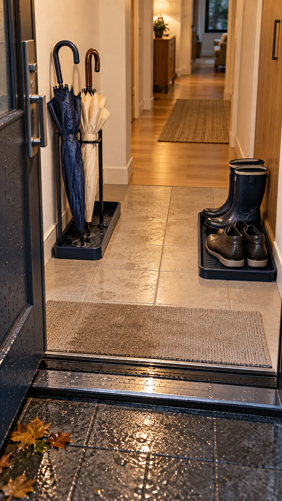 Separate Wet Shoes and Umbrellas in a small rainy day entryway