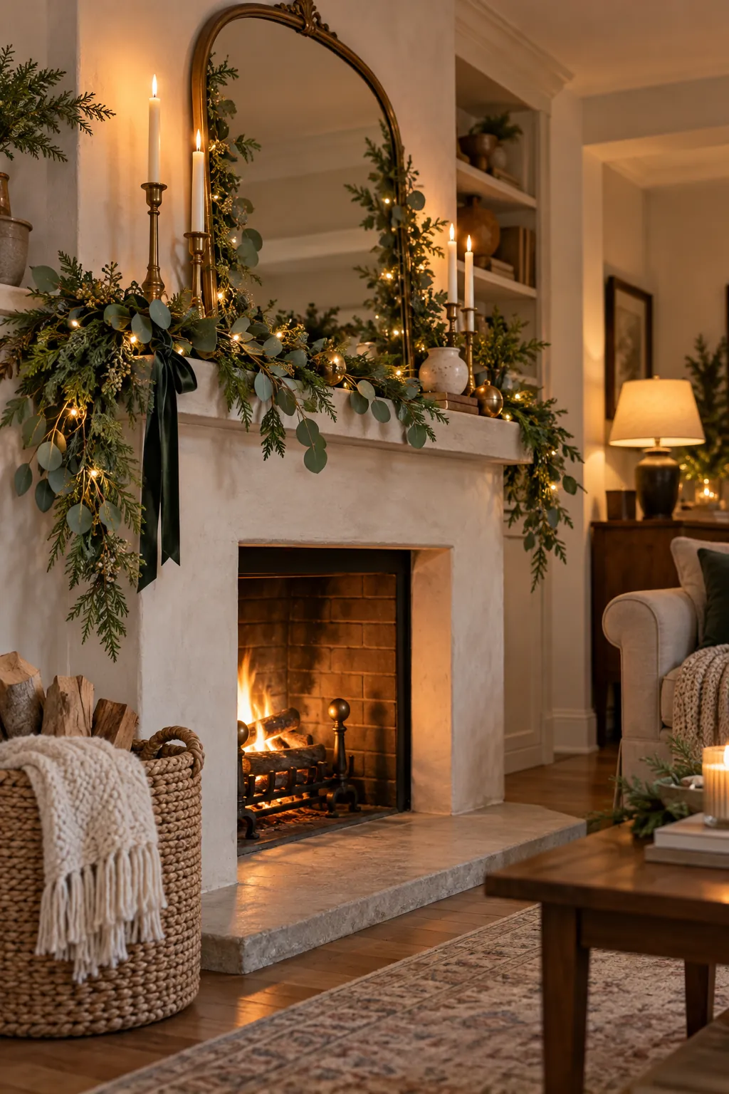 Frame the Glass With Eucalyptus Christmas mantel decor