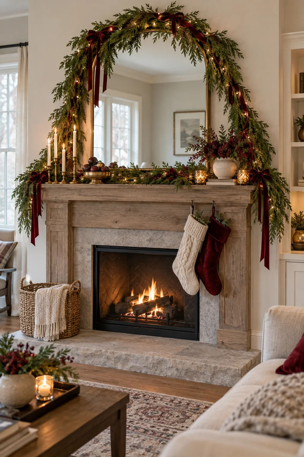 Drape Cedar Around the Mirror Christmas mantel decor
