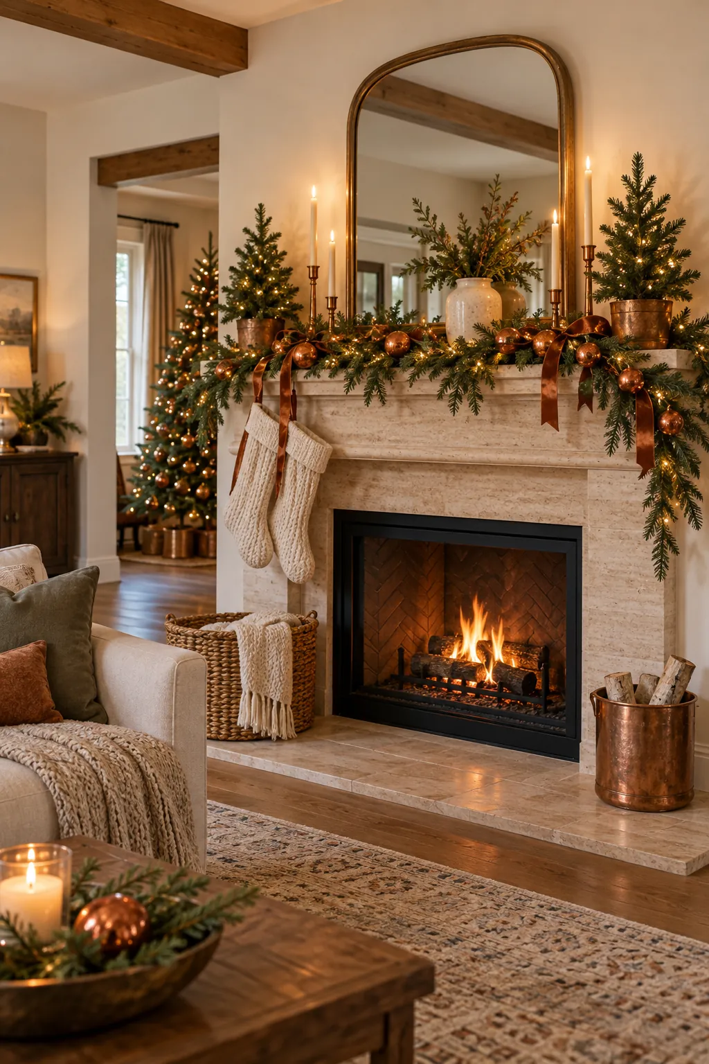 Add Matching Mini Trees Christmas mantel decor