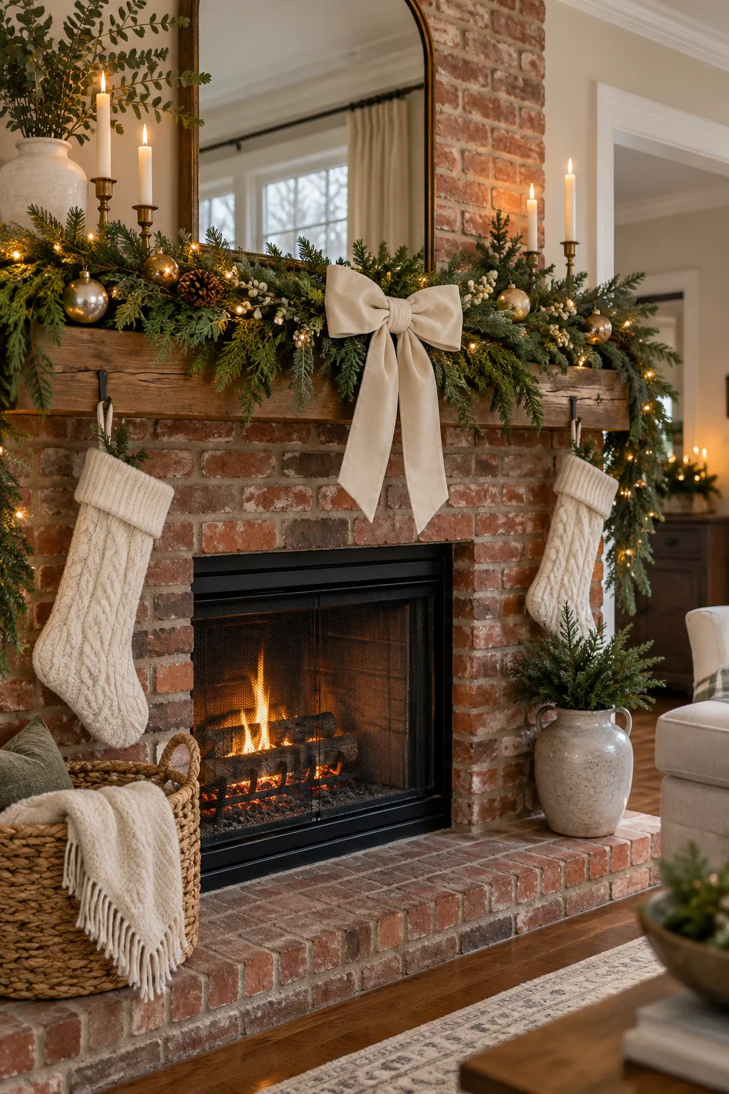 Use a Centered Velvet Bow Christmas mantel decor