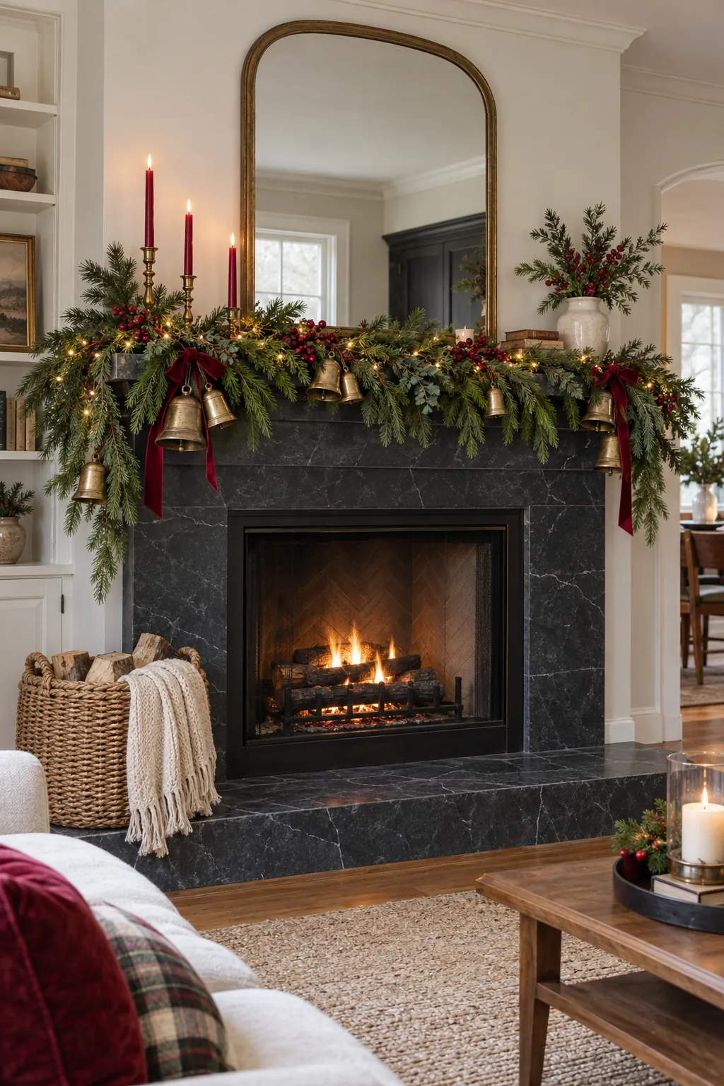 Layer Brass Bells and Pine Christmas mantel decor