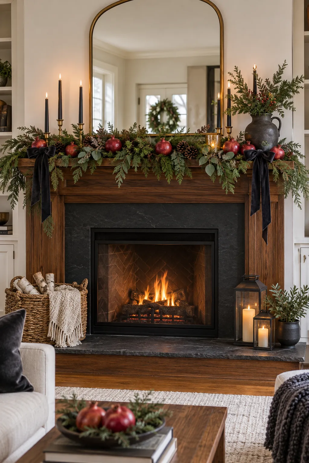 Arrange Pomegranates and Greenery Christmas mantel decor