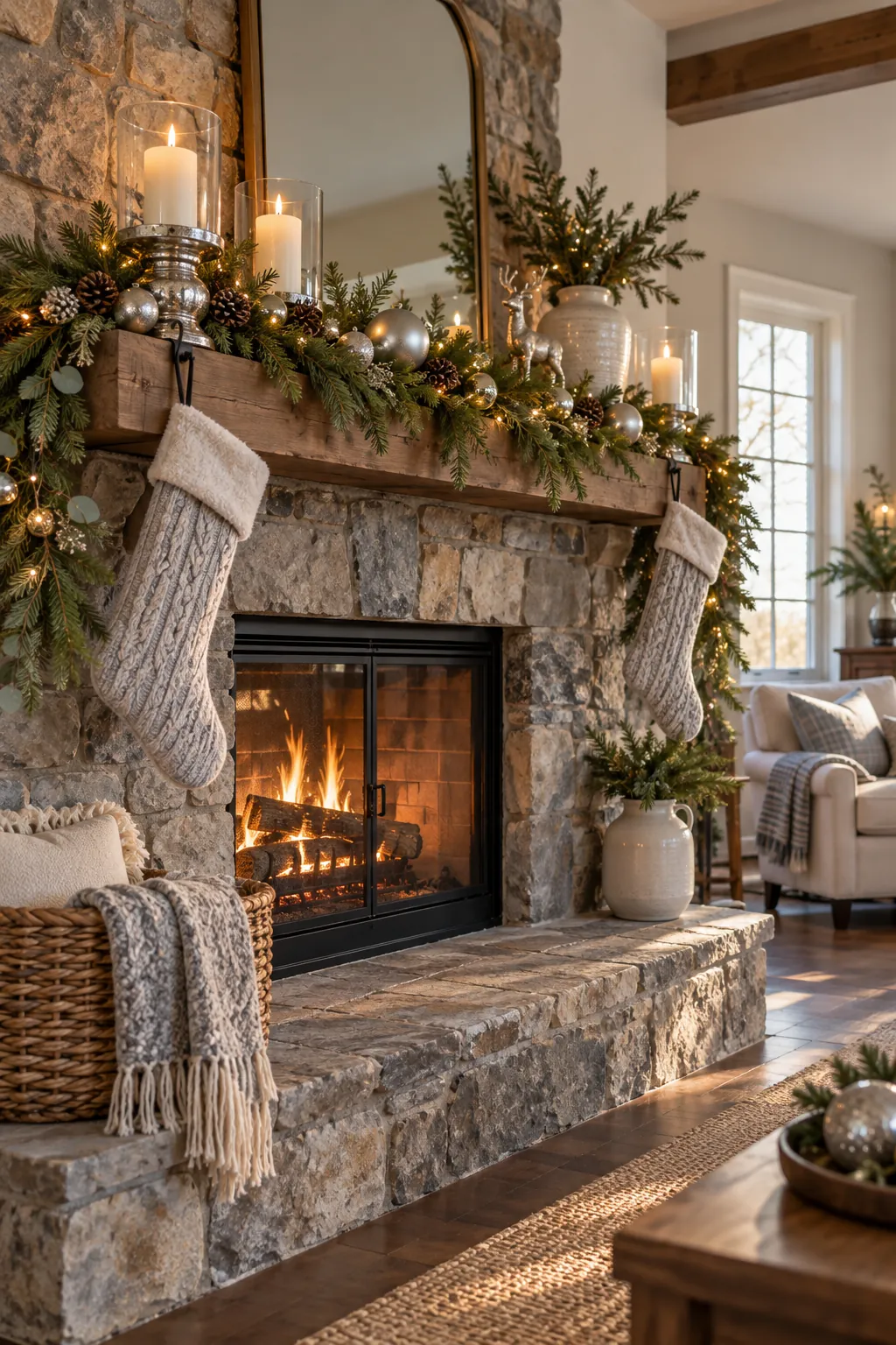 Place Stockings at the Outer Hooks Christmas mantel decor