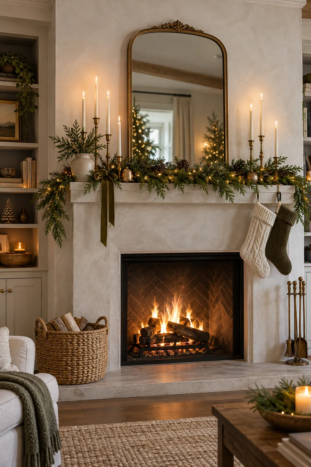 Balance the Mirror With Tall Candles Christmas mantel decor