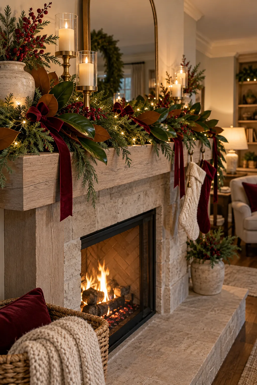 Add Magnolia Leaves for Contrast Christmas mantel decor