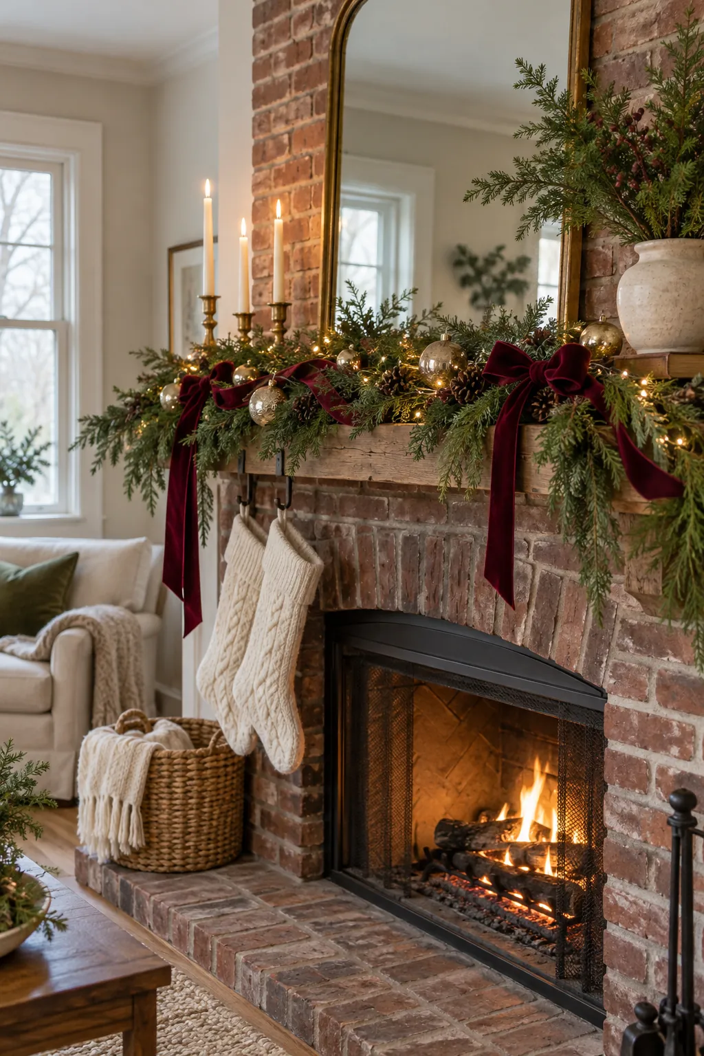 Use Burgundy Ribbon for Depth Christmas mantel decor